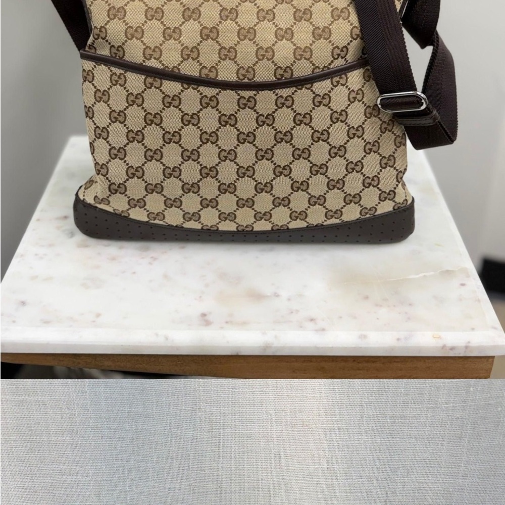 Gucci Beige GG Canvas Crossbody with Brown Trim